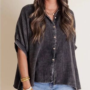 New Zenana Gauze Black Mineral Wash Button-Up Shirt Oversized